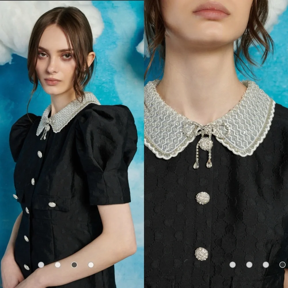 Sister Jane Black Jacquard Bead Peter-Pan Collar Puff Sleeve Mini Dress 🌿 - Picture 2 of 10